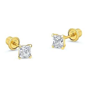 2.1 mm Princess Genuine Diamond Tiny Stud Screw back Earrings in 14k Yellow gold