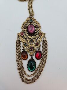 Vintage Pendant/Necklace Multi Color Cabochons/Rhinstones