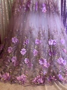 Light purple mesh floral wedding sparkly lace. 3D roses, beaded, stretch. BTY