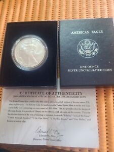 2008 W Burnished American Silver Eagle Uncirculated Bullion Coin Box and COA