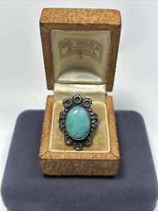 Old Fred Harvey Era Native Sterling Silver Oval Turquoise Tribal Stamped Ring