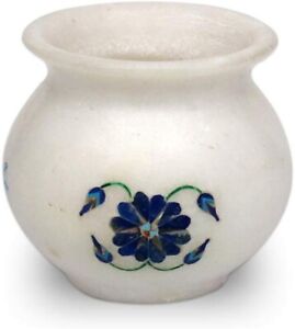 White Marble Flower Pot Inlaid with Natural Stone Plant Case from Heritage Craft