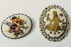 Two Vintage West Germany Sugar Glass Brooch Pins Flowers Scenic Girl