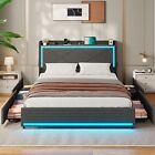 Full/Queen Size Bed Frame with LED Headboard Modern Upholstered Platform Bed