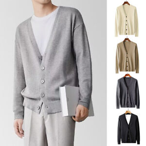 Men V Neck Cardigan Knitted Jumper Long Sleeve Button Warm Business Sweater Top♪