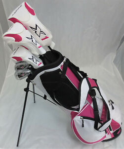 NEW Ladies Golf Club Set Driver Wood Hybrid Irons Putter & Stand Pink Bag Womens