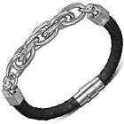 Black Genuine Leather Braided Silver-Tone Stainless Steel Wristband Bracelet