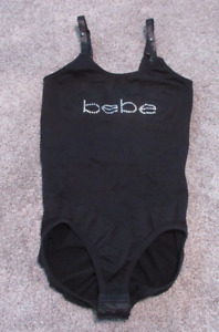 BEBE Bodysuit Womens XL Black/Silver Logo, Stretch, Hook Eye Bottom, Bodycon VGC