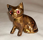 Solid Brass Small Cat Figurine w/ Red Eyes - 1 Inch