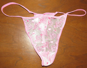 Vintage Jolie Pink Mesh Embroidered Thong Panties Heart Buttons Size 9-XXL