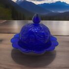 Vtg Mosser Cobalt Blue Glass Butter Cheese Dish Dome Lid Inverted Thistle USA