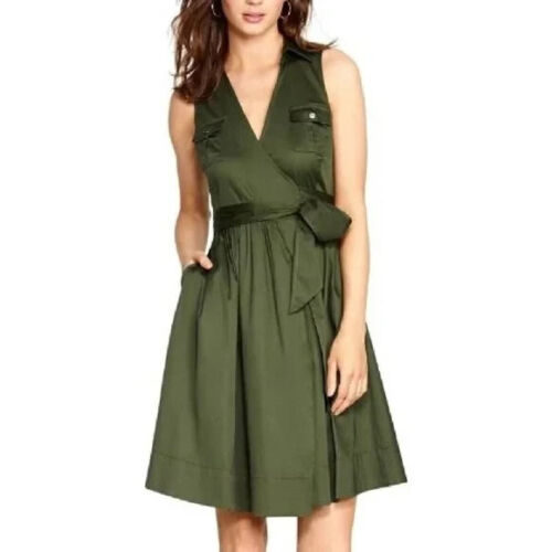 White House Black Market Sleeveless Safari Wrap Dress Size 2 Green