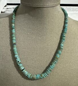 Native American Rondelle Turquoise Sterling Silver Necklace Heishi Vtg