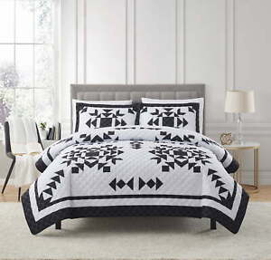 Black & White Flying Geese 7 Piece Quilt Set with Sheets, Queen
