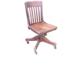 Vintage Rolling Bankers Desk Chair Office Arm Chair Heavy Oak Wood Furniture USA