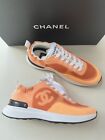 Chanel Denim Suede Calfskin Neon Orange CC Logo Trainers Sneakers 36.5 NEW