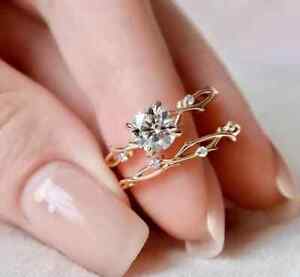 1.20 CT Dainty Twig Round Moissanite 10K Gold Branch Engagement Ring Set For Her
