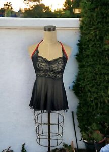 Black Red Mesh Sheer Lace Coquette Babydoll Top Lingerie Y2K Goth Fairy Flowy S