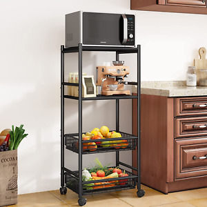 Microwave Stand Cart with Storage, 4 Tier Metal Kitchen Rolling Cart, Fruit and