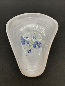 Signed N Owens 92 Seagrove NC Pottery Handmade Flower Spoon Rest Blue Grey Glaze