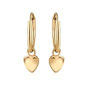 Solid 14K Gold Small Puff Heart Dangling On 14K Gold Endless Hoop Earring-1x10MM