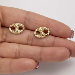 Nugget Design Puffed Mariner Link Stud Earrings 10K Yellow Gold