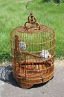 Vintage Large Asian Bamboo Bird Cage Carved Dragons and Porcelain Feeders Nice!