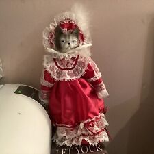Vintage Southern Belle Porcelain Tabby Cat Doll in Red Victorian Dress 9