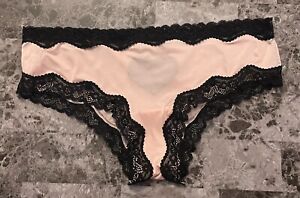 VICTORIA'S SECRET TEASE PINK SATIN SMOOTH BLACK LACE MESH HEART CHEEKY PANTIES