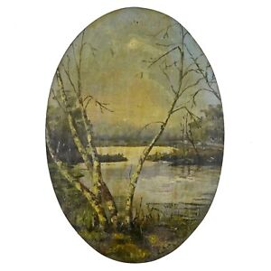 Antique 1800's Hudson River Valley Landscape Oil on Wood Oval Painting