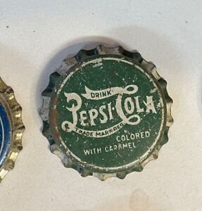 New Listingca. 1930 Pepsi cola SODA crown bottle cap dot top cork acl cone flat tin GREEN!