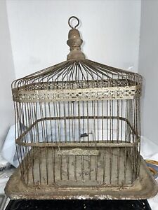 Antique HENDRYX Bird Cage W/ Two Glass Feeders 13”x 10”x16”T