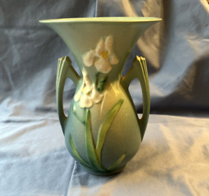 New ListingArt Deco ROSEVILLE Blue Double Iris 2-Handled Vase 7.5” Shape 920-7 1930's