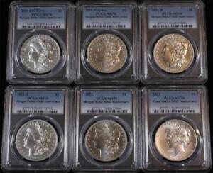 2021 6 Coin Silver Morgan and Peace Dollar Set PCGS MS70 100th Anniversary Label