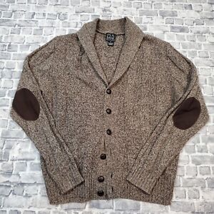 Jos A Bank Lambs Wool Cardigan Mens Medium Sweater Cable Knit Shawl Elbow Patch