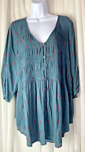 Torrid Womens 2 Babydoll Smocked Tunic Teal Floral V Neck 3/4 Sleeve Top Button