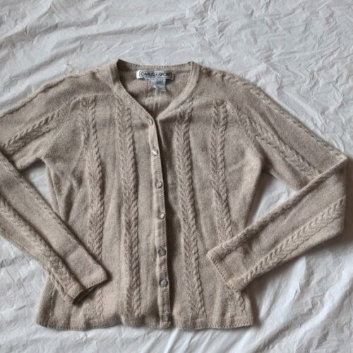 Vintage 90s Cashmere Angora Cable Knit Beige Minimalist Cardigan Sweater Sz M