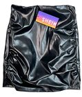 NWT Shein Black Vegan Faux Leather Skirt Side Zip Gathered Front Size XS