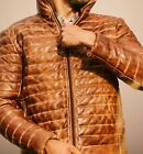 Men's Puffer Jacket Real Lambskin Leather Jacket TAN Color With Waxing