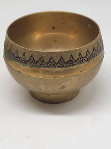 Vintage Solid Brass Decorative Pedestal Bowl Etched Enamel? From India