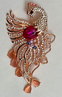 Hot Pink Parrot Bird Peacock Crystal Glass Rhinestone Brooch Pin Rose Tone Clear