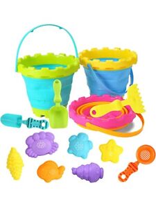 13 Pcs Kids Beach Sand Toy Set w/ Foldable Buckets Sand Castle Sandbox Toys Mold
