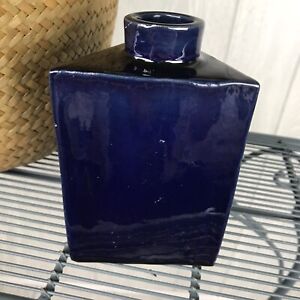 Vintage Art Pottery Clay Handmade Triangle Shaped Dark Blue Vase MCM Signed