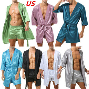 US Men's Satin Robe With Shorts Kimono Bathrobes Nightgown Sleepwear Pajamas Set