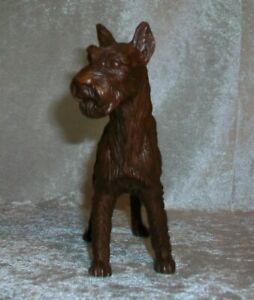 Vintage Faux Carved Wood Chocolate Brown Patterdale Terrier Dog Resin Figurine