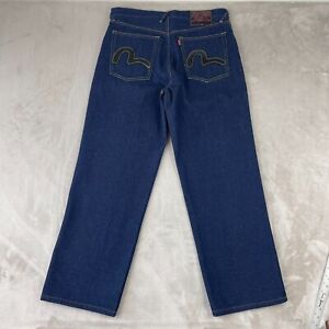 EVISU Jeans Men 36x32 Blue Button Fly Straight Leg Black Log Applique Lot 2003