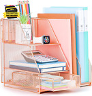 Rose Gold Desk Accessories, Office Supplies Desk Organizer Caddy with Sliding Dr