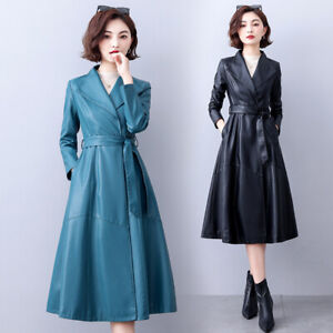 British Trench Coat Slim Fit Long Real Leather Womens Long Belted Overcoats 5XL