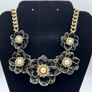 Preowned Joan Rivers Floral Garden Enamel Statement Necklace Pearl Rhinestone