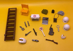Vintage Geobra Playmobil Lot of 22 Accessories Helmets Weapons Ladder Chair More